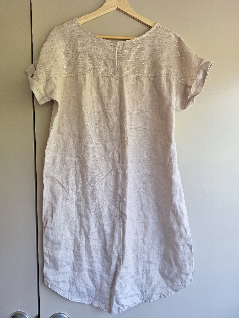 Lungo L'arno Sequin Yoke Linen Shift Dress - Sabbia - Made in Italy - S - Picture 8 of 10